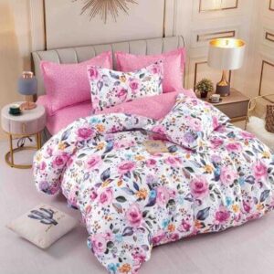 Lenjerie de pat finet alb cu flori colorate, 6 piese