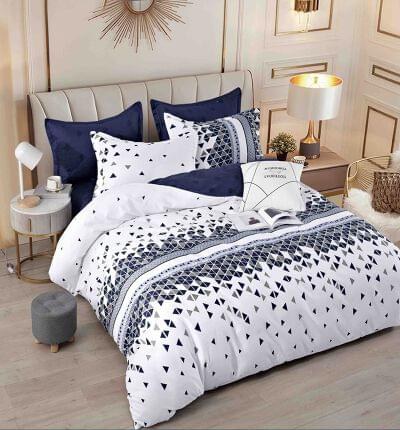 Lenjerie de pat finet alb cu model bleumarin, 6 piese