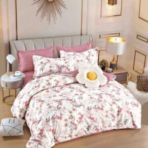Lenjerie de pat finet alb floral roz, 6 piese