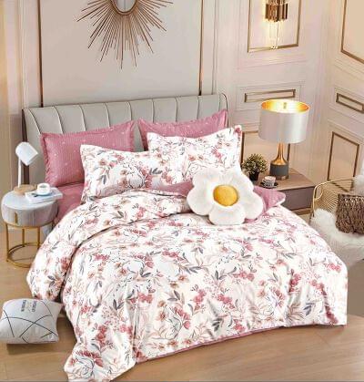 Lenjerie de pat finet alb floral roz, 6 piese