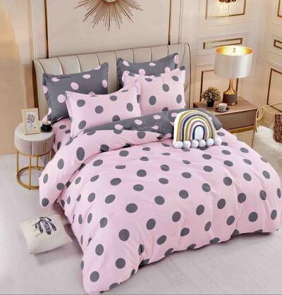Lenjerie de pat finet roz cu buline gri, 6 piese