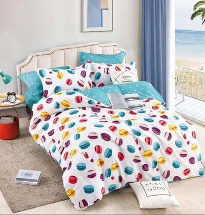 Lenjerie de pat finet alb cu buline colorate, 6 piese, cu elastic