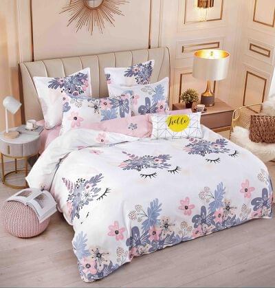 Lenjerie de pat finet alb cu flori, 6 piese, cu elastic