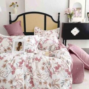 Lenjerie de pat finet alb cu flori roz, 6 piese, cu elastic