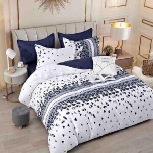 Lenjerie de pat finet alb cu model bleumarin, 6 piese, cu elastic