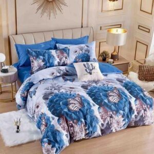 Lenjerie de pat finet albastru cu flori, 6 piese, cu elastic