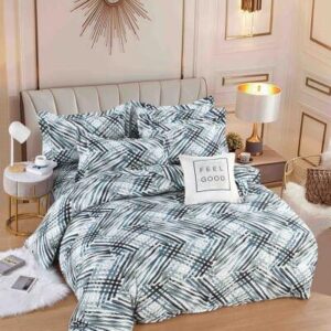 Lenjerie de pat finet albastru geometric, 6 piese, cu elastic