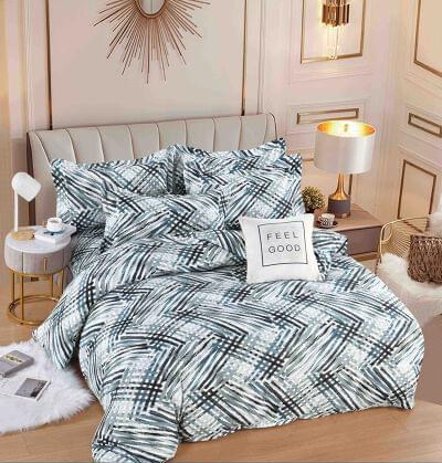Lenjerie de pat finet albastru geometric, 6 piese, cu elastic