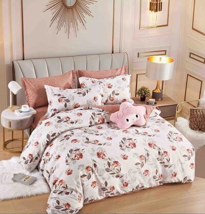 Lenjerie de pat finet crem cu flori, 6 piese, cu elastic