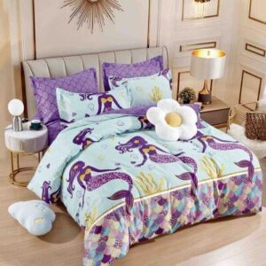 Lenjerie de pat finet mov cu unicorni, 6 piese, cu elastic