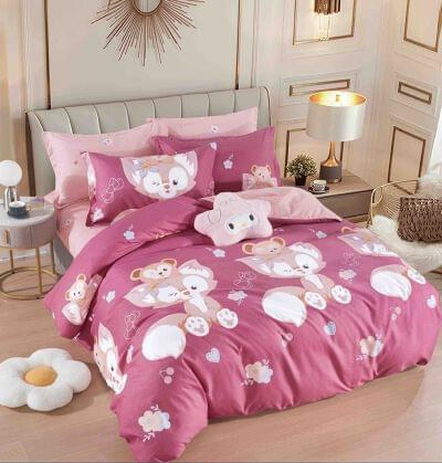 Lenjerie de pat finet roz cu flori albe, 6 piese, cu elastic
