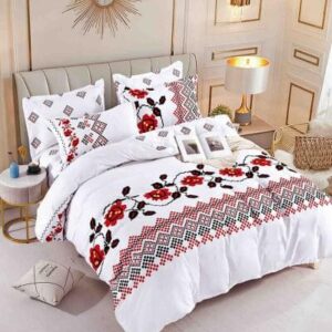 Lenjerie de pat finet tradițional roșu floral, 6 piese, cu elastic