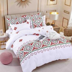 Lenjerie de pat finet tradițional roșu geometric, 6 piese, cu elastic