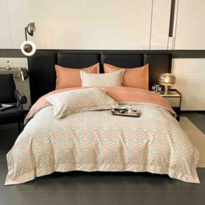 Lenjerie de pat finet LUX bej cu model, 6 piese, cu elastic