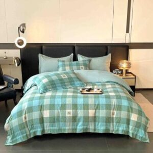 Lenjerie de pat finet LUX carouri verde, 6 piese, cu elastic