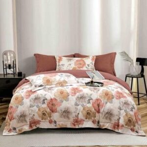 Lenjerie de pat finet LUX flori pe roz, 6 piese, cu elastic