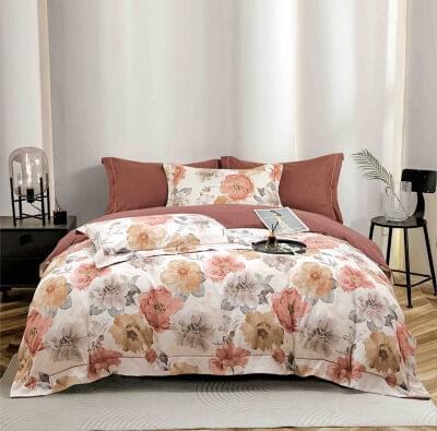 Lenjerie de pat finet LUX flori pe roz, 6 piese, cu elastic