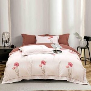 Lenjerie de pat finet LUX flori roz, 6 piese, cu elastic