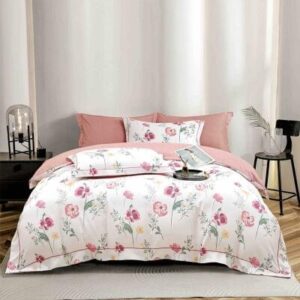 Lenjerie de pat finet LUX roz cu flori, 6 piese, cu elastic