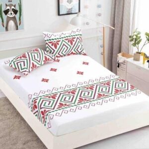 Husă de pat cu elastic 180x200, alb cu model etnic roșu
