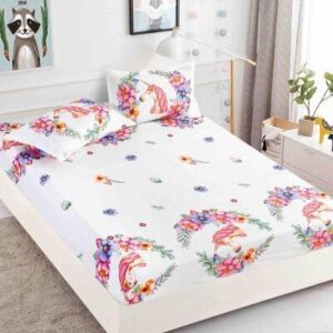 Husă de pat cu elastic 180x200, alb cu flori colorate