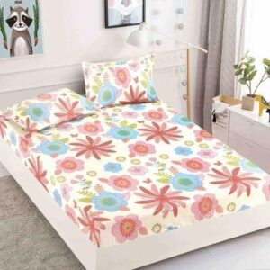 Husă de pat cu elastic 180x200, alb cu flori corai