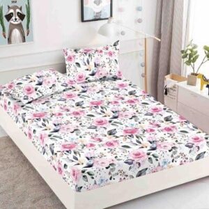Husă de pat cu elastic 180x200, alb cu flori multicolore