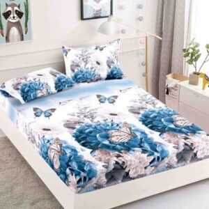 Husă de pat cu elastic 180x200, alb cu fluturi albaștri
