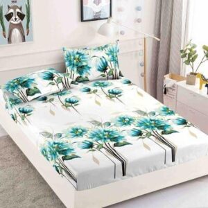 Husă de pat cu elastic 180x200, alb cu frunze verzi