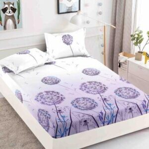 Husă de pat cu elastic 180x200, alb cu păpădie mov