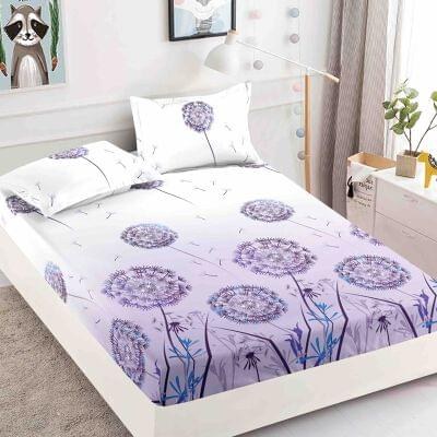 Husă de pat cu elastic 180x200, alb cu păpădie mov