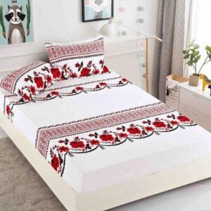 Husă de pat cu elastic 180x200, alb cu model tradițional roșu