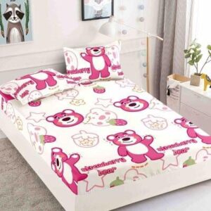 Husă de pat cu elastic 180x200, alb cu ursuleți roz