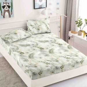 Husă de pat cu elastic 180x200, alb cu imprimeu verde fin