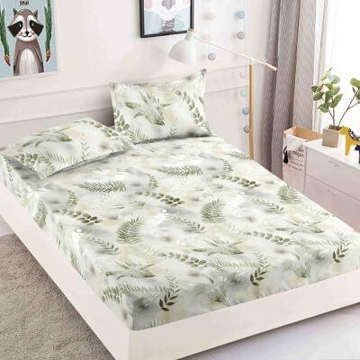 Husă de pat cu elastic 180x200, alb cu imprimeu verde fin