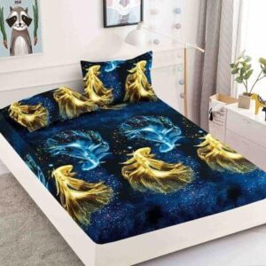 Husă de pat cu elastic 180x200, bleumarin cu imprimeu auriu