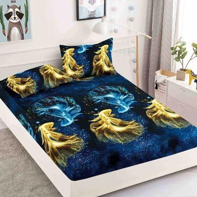 Husă de pat cu elastic 180x200, bleumarin cu imprimeu auriu