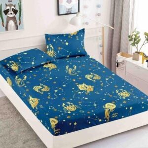 Husă de pat cu elastic 180x200, bleumarin cu model floral auriu