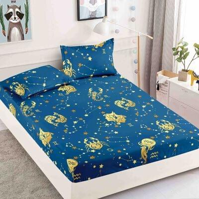 Husă de pat cu elastic 180x200, bleumarin cu model floral auriu