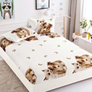 Husă de pat cu elastic 180x200, crem cu cățeluși