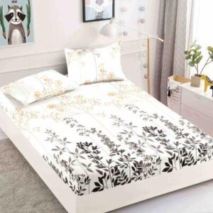 Husă de pat cu elastic 180x200, crem cu frunze negre