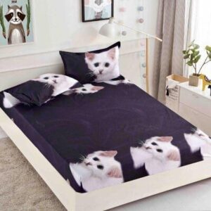 Husă de pat cu elastic 180x200, negru cu pisicuțe