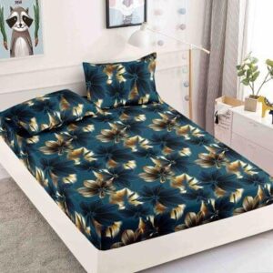 Husă de pat cu elastic 180x200, verde închis cu flori aurii