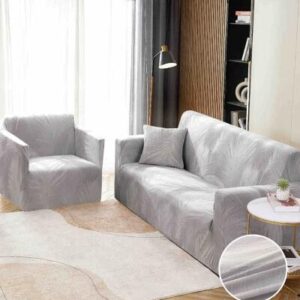 Husă de canapea elastică alb cu frunze, mărime M (140-180 cm)