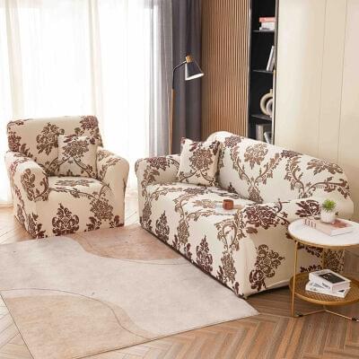 Husă de canapea elastică bej cu frunze, mărime M (140-180 cm)