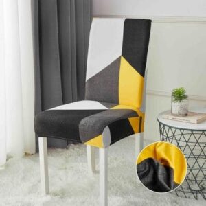 Husă scaun cu elastic geometric galben, set 6 bucăți