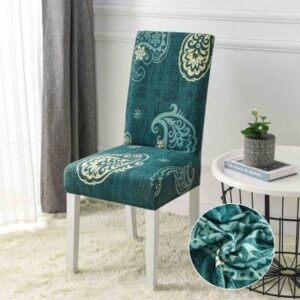 Husă scaun cu elastic verde cu frunze, set 6 bucăți